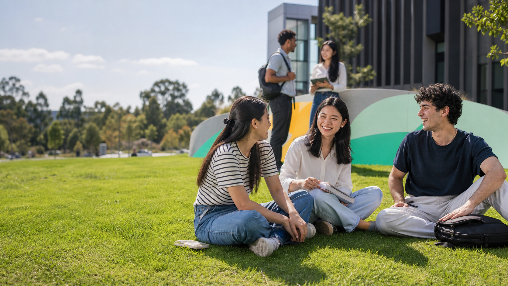 不同背景的大学生在澳洲校园草坪交流学习